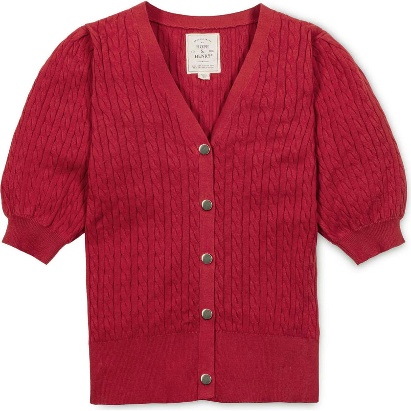 Organic Puff Sleeve Button Front Sweater, Red