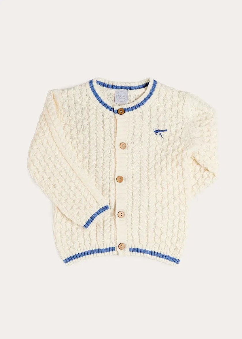 Plane Embroidered Cable Knit Cardigan in Cream (12mths-6yrs)