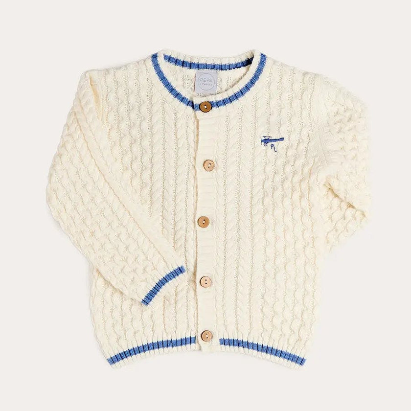 Plane Embroidered Cable Knit Cardigan in Cream (12mths-6yrs)