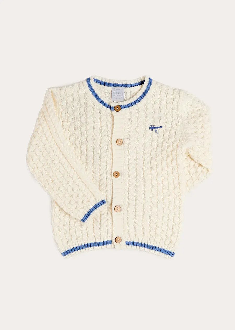 Plane Embroidered Cable Knit Cardigan in Cream (12mths-6yrs)