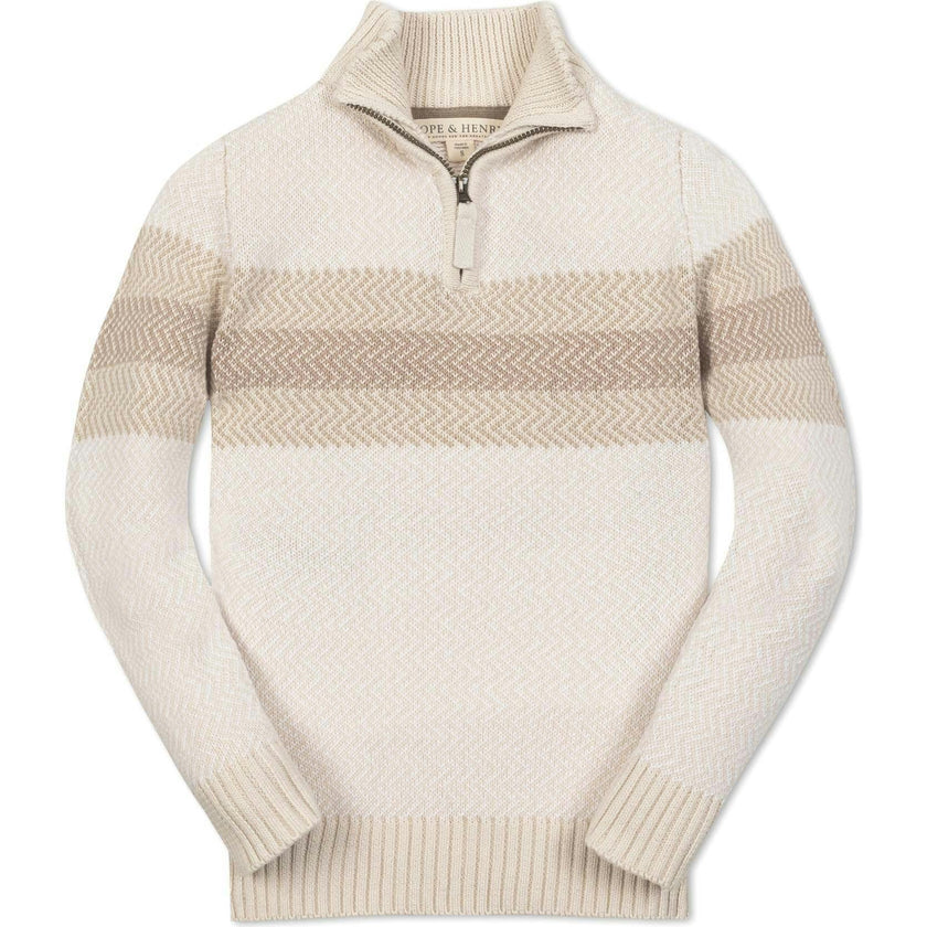 Organic Long Sleeve Half Zip Sweater with Engineered Stripe, Beige