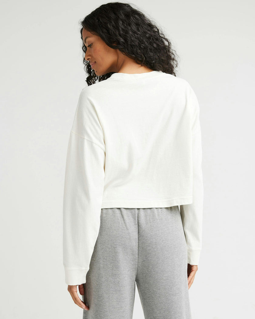 Womens Relaxed Crop Long Sleeve Tee - Pigment Dye Jersey - Bone