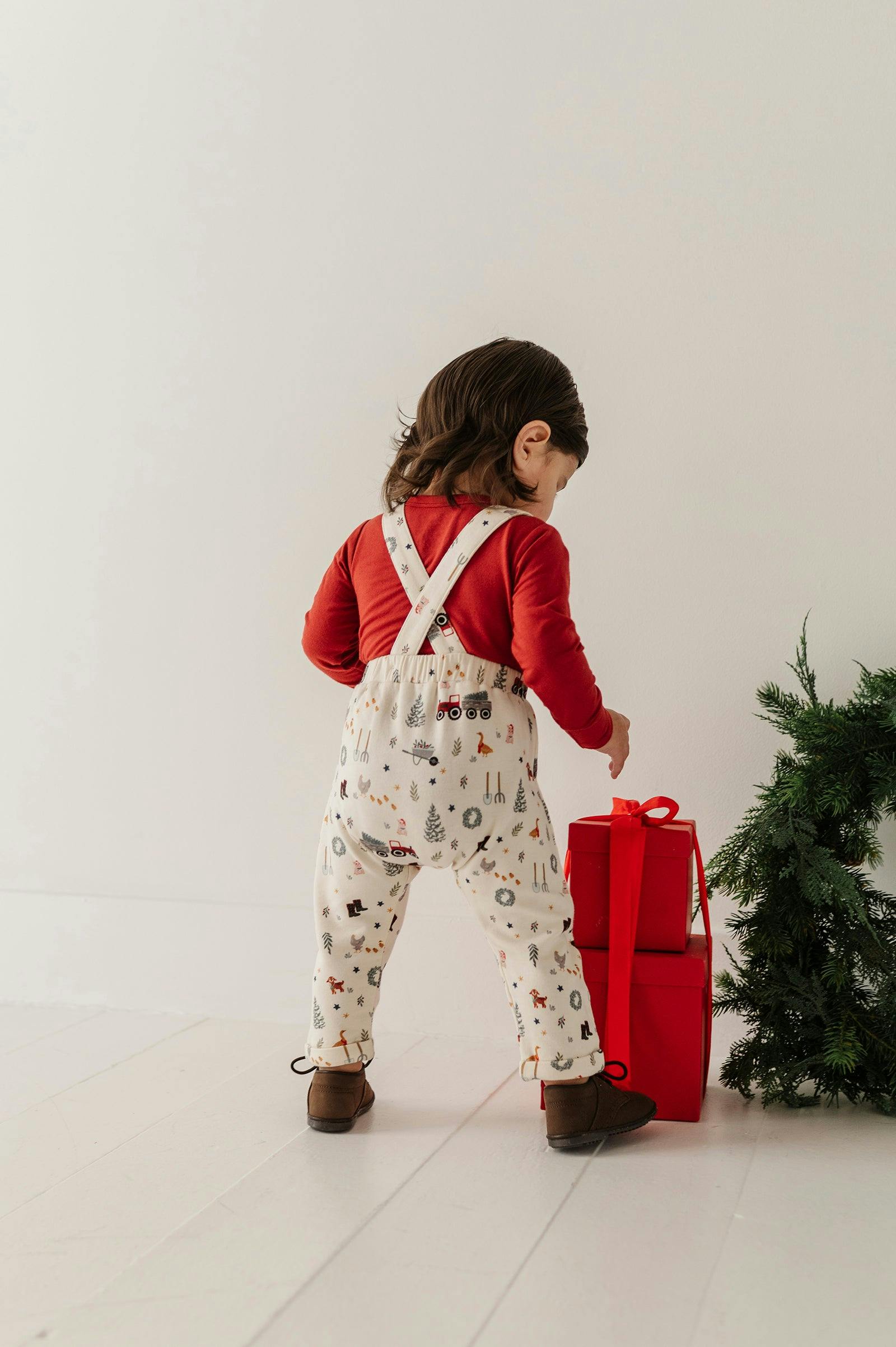 Baby Boy Henley Bodysuit & Suspenders Set in Christmas Farm
