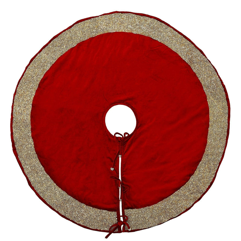Red Velvet Christmas Tree Skirt Hand Beaded Gold Border - 60" / 72"