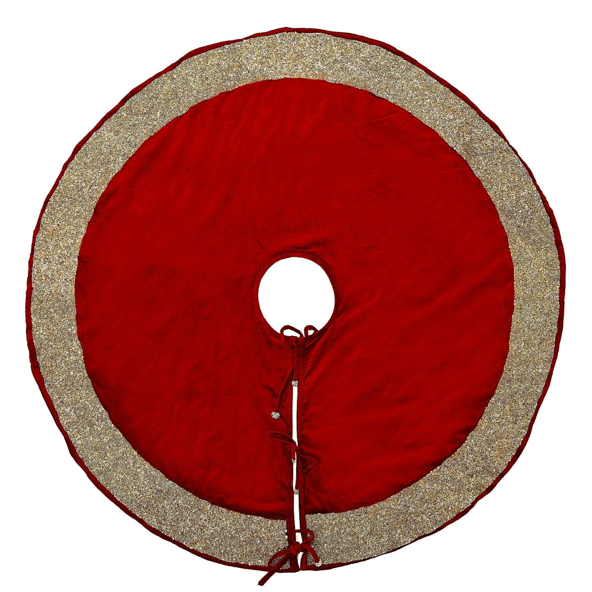 Red Velvet Christmas Tree Skirt Hand Beaded Gold Border - 60