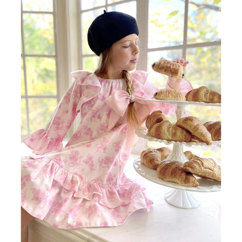 Triomphe 3/4 Sleeve Ruffled Toile Dress, Pink