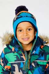 Winter Peruvian Knit Hat with Pompom Blue Dinosaur Print