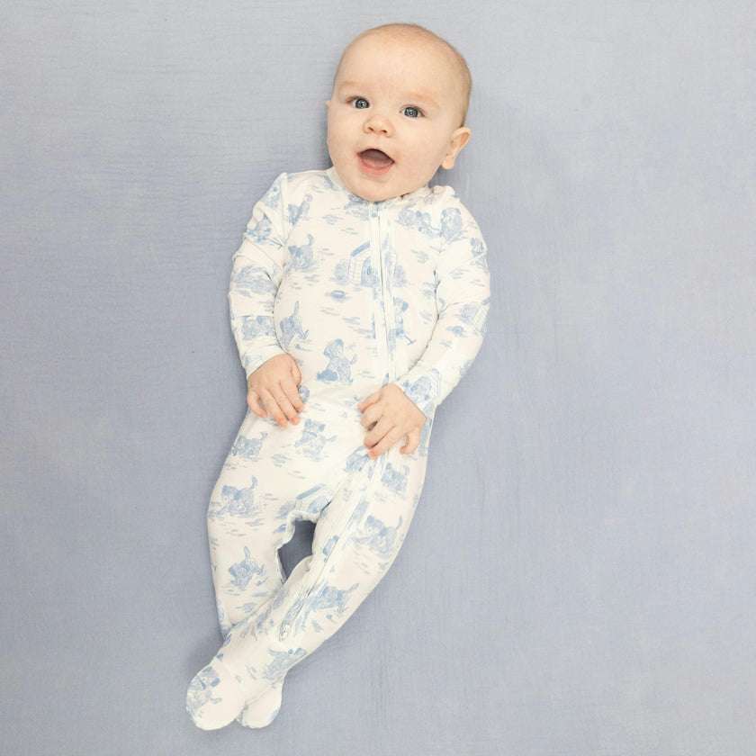 Puppy Toile Blue - 2 Way Zipper Footie
