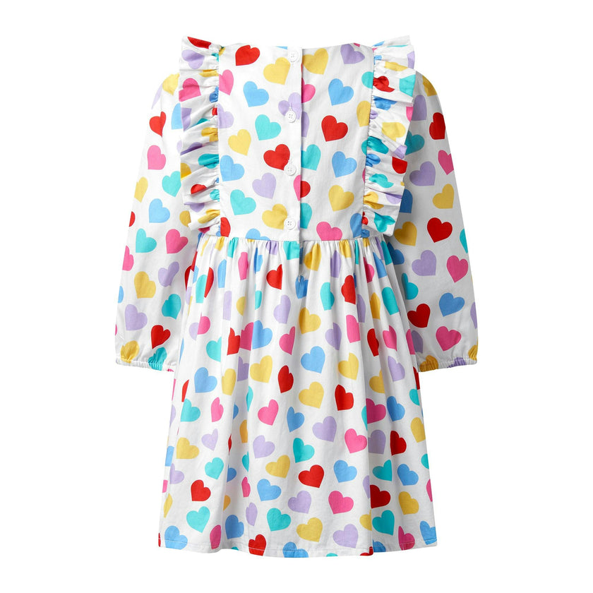 Confetti Heart Print Frill Shoulder Long Sleeve Dress