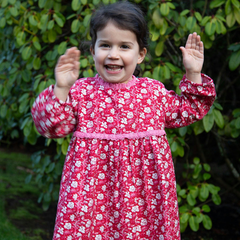 Toddler Floral Print Lace Trim Long Sleeve Dress