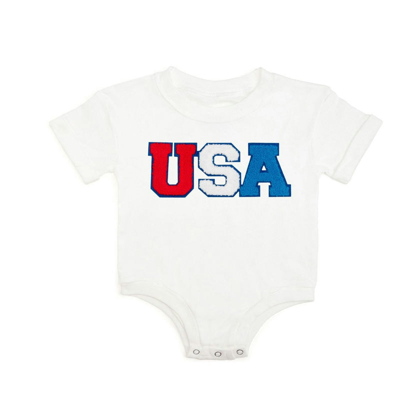 USA Multi Patch Short Sleeve Romper - White