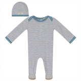 Knit Snap Front Striped Romper and Hat Two Piece Set