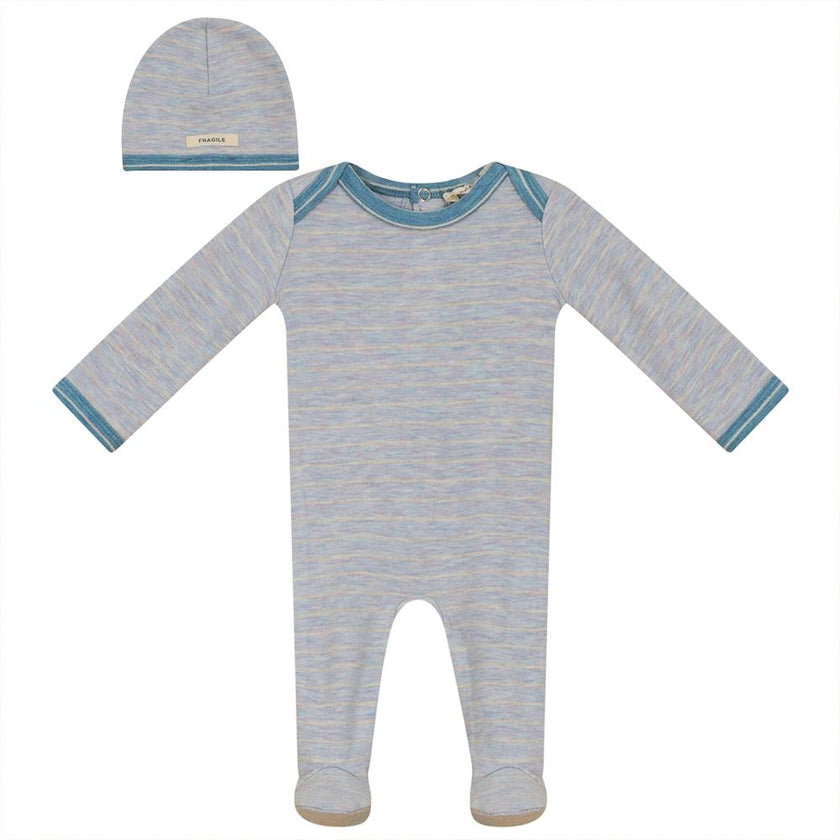 Knit Snap Front Striped Romper and Hat Two Piece Set