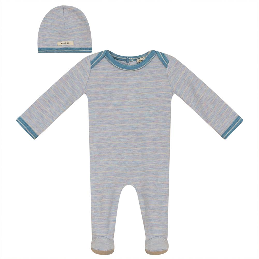 Knit Snap Front Striped Romper and Hat Two Piece Set