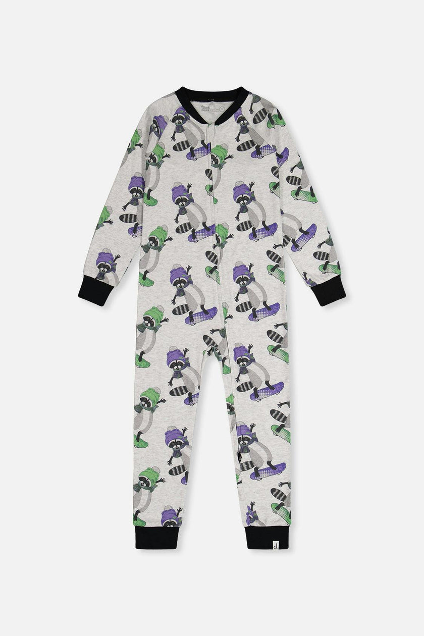 Organic Cotton One Piece Pajama Beige Raccoon Print