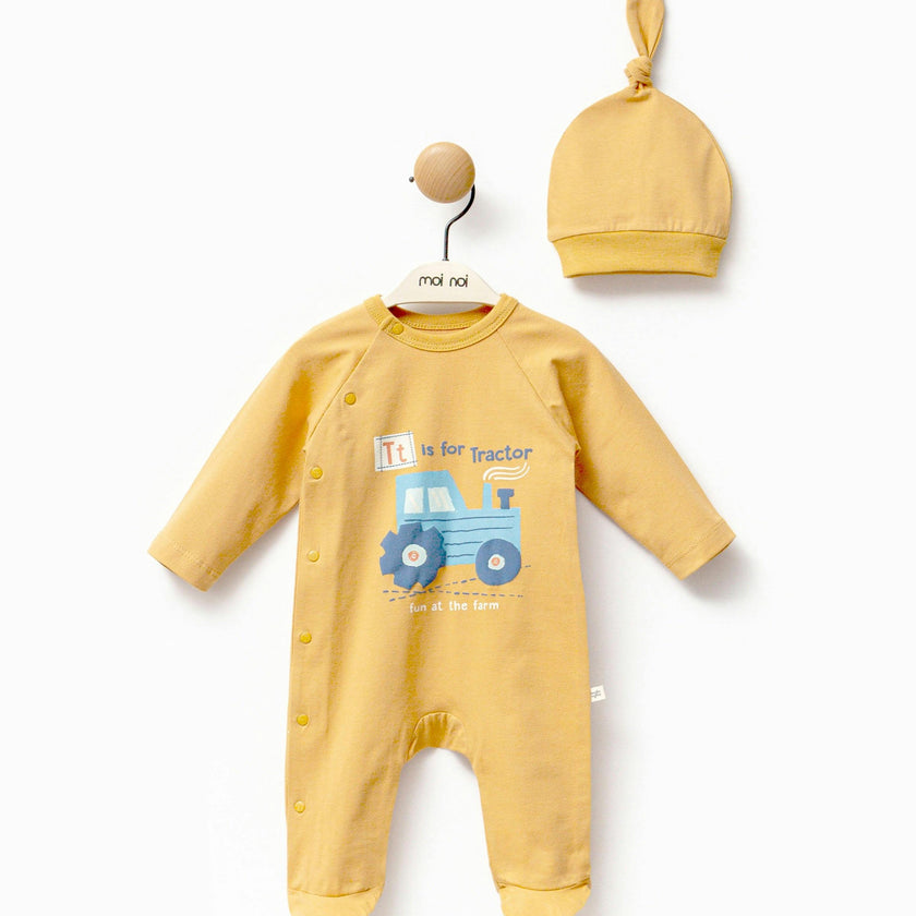 Yellow Tractor Graphic Babygrow & Hat