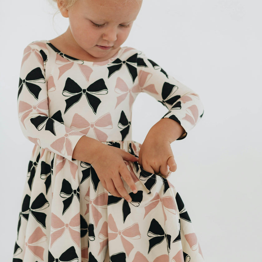 3/4 Sleeve Twirl Dress in Vintage Pink and Black Bows