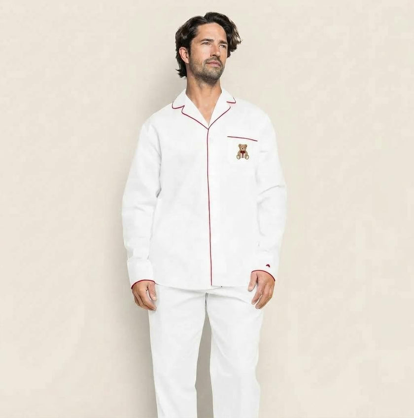 Maisonette x Petite Plume Men's Twill Pajamas, Merry Teddy