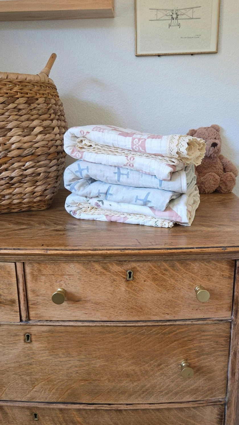 Pink Bows and Gingham QUILTED 6 Layer Gauze Blanket