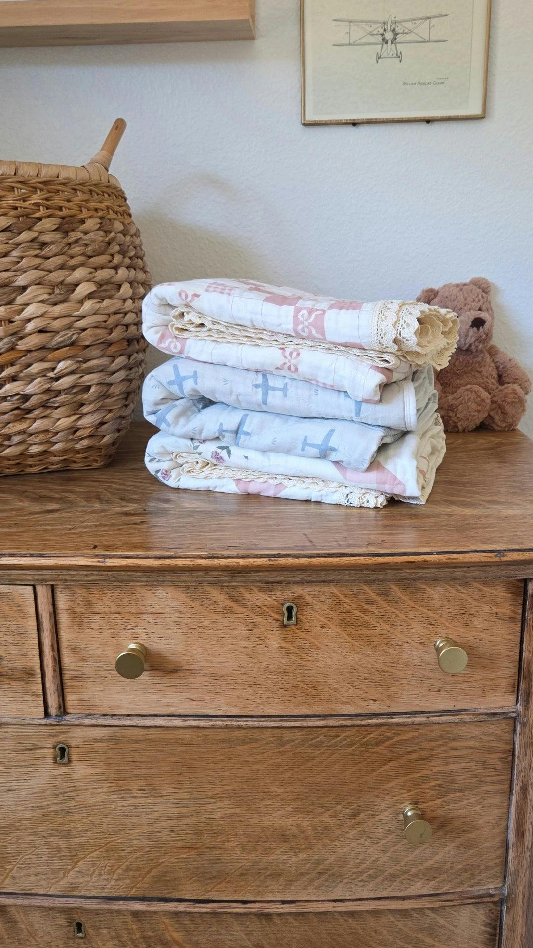 Pink Bows and Gingham QUILTED 6 Layer Gauze Blanket