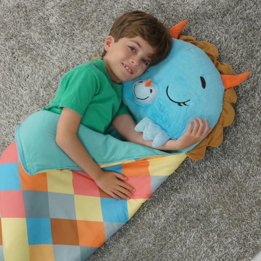 Happy Nappers: Pillow & Sleepy Sack: Large - Blue Triceratratops