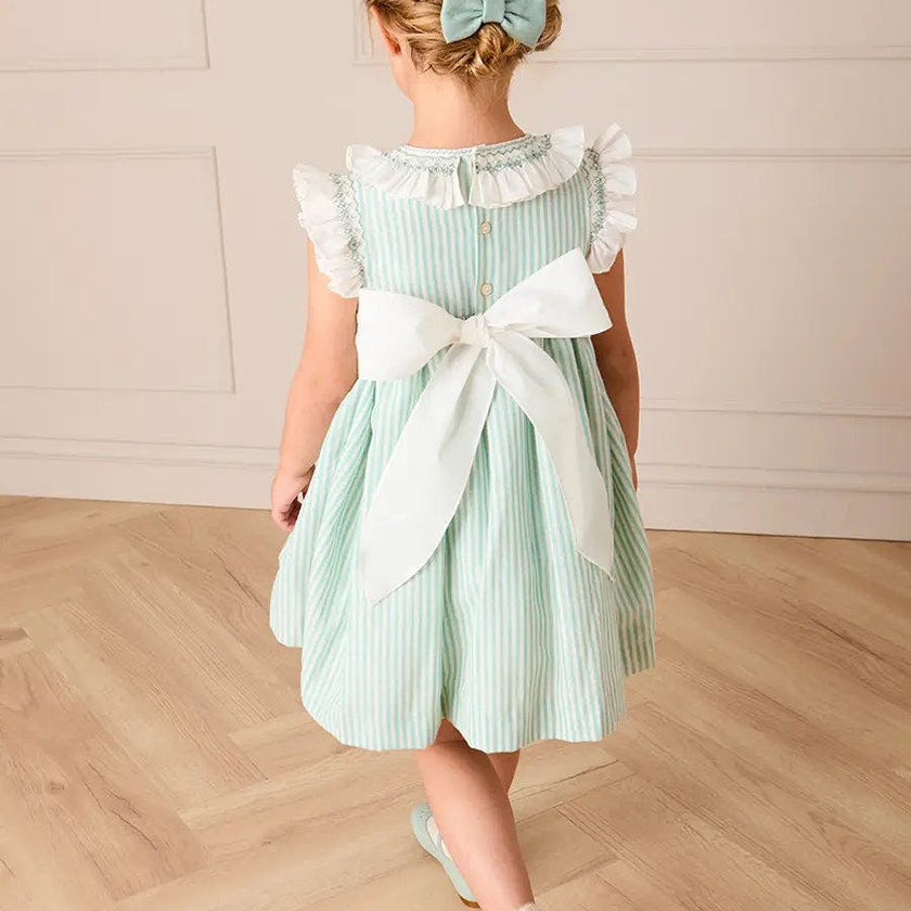 Wimbledon Stripe Hand Smocked Frill Collar Cap Sleeve Dress in Green (12mths- 10yrs)