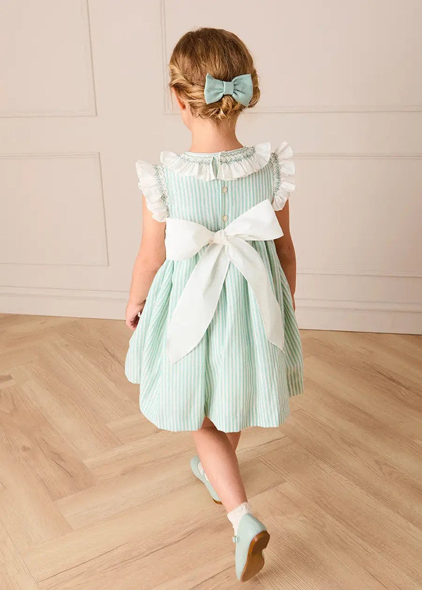 Wimbledon Stripe Hand Smocked Frill Collar Cap Sleeve Dress in Green (12mths- 10yrs)