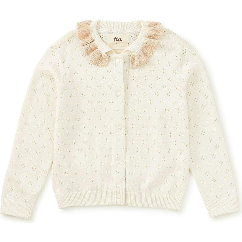 Collared Pointelle Cardigan, White