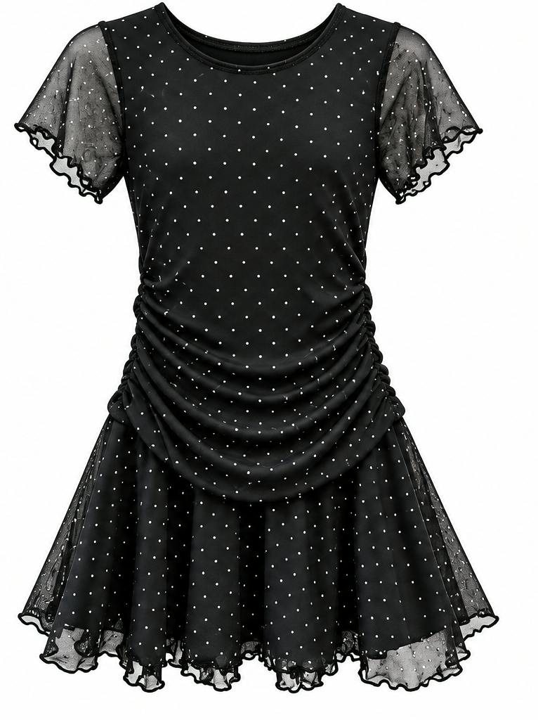 Girls Short Sleeve Mesh Rhinestone Dress