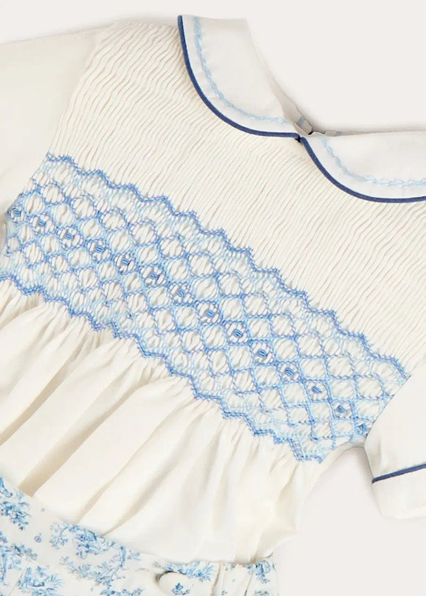 Audrey Toile Peter Pan Collar Hand Smocked Two Piece Set in Blue (6mths-3yrs)