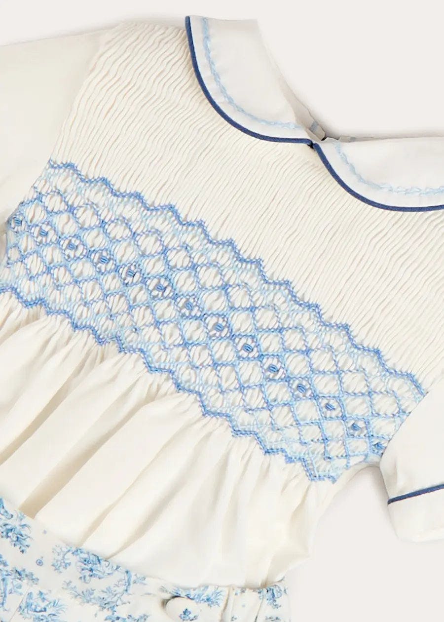 Audrey Toile Peter Pan Collar Hand Smocked Two Piece Set in Blue (6mths-3yrs)