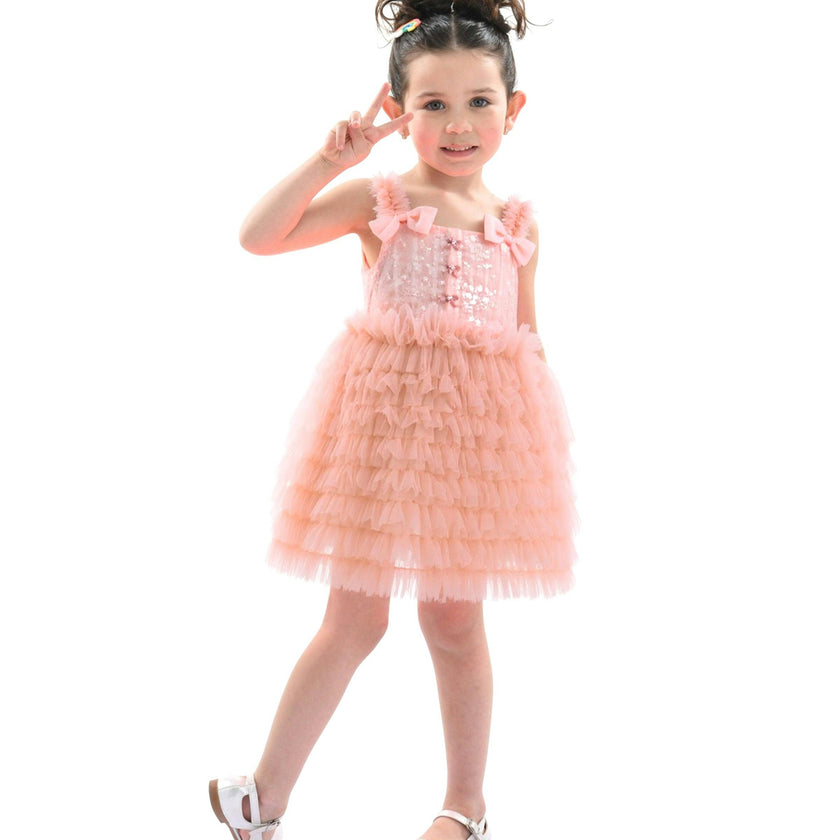 Pink Bow Tiered Tulle Dress