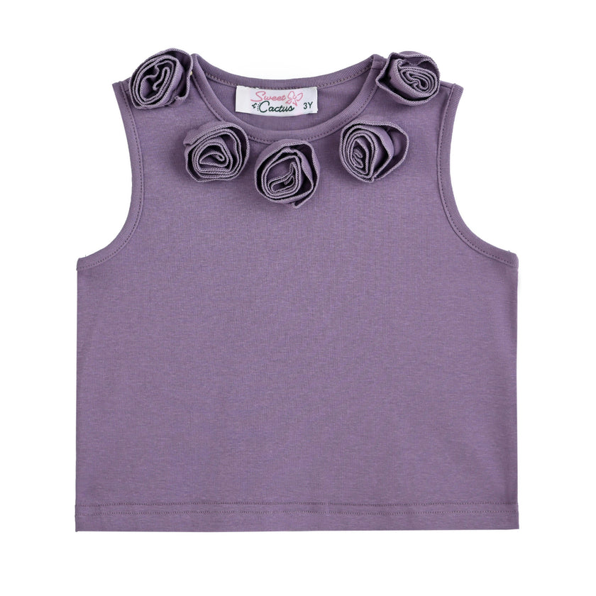 Purple Rosette Top and Lace-Trim Shorts Set