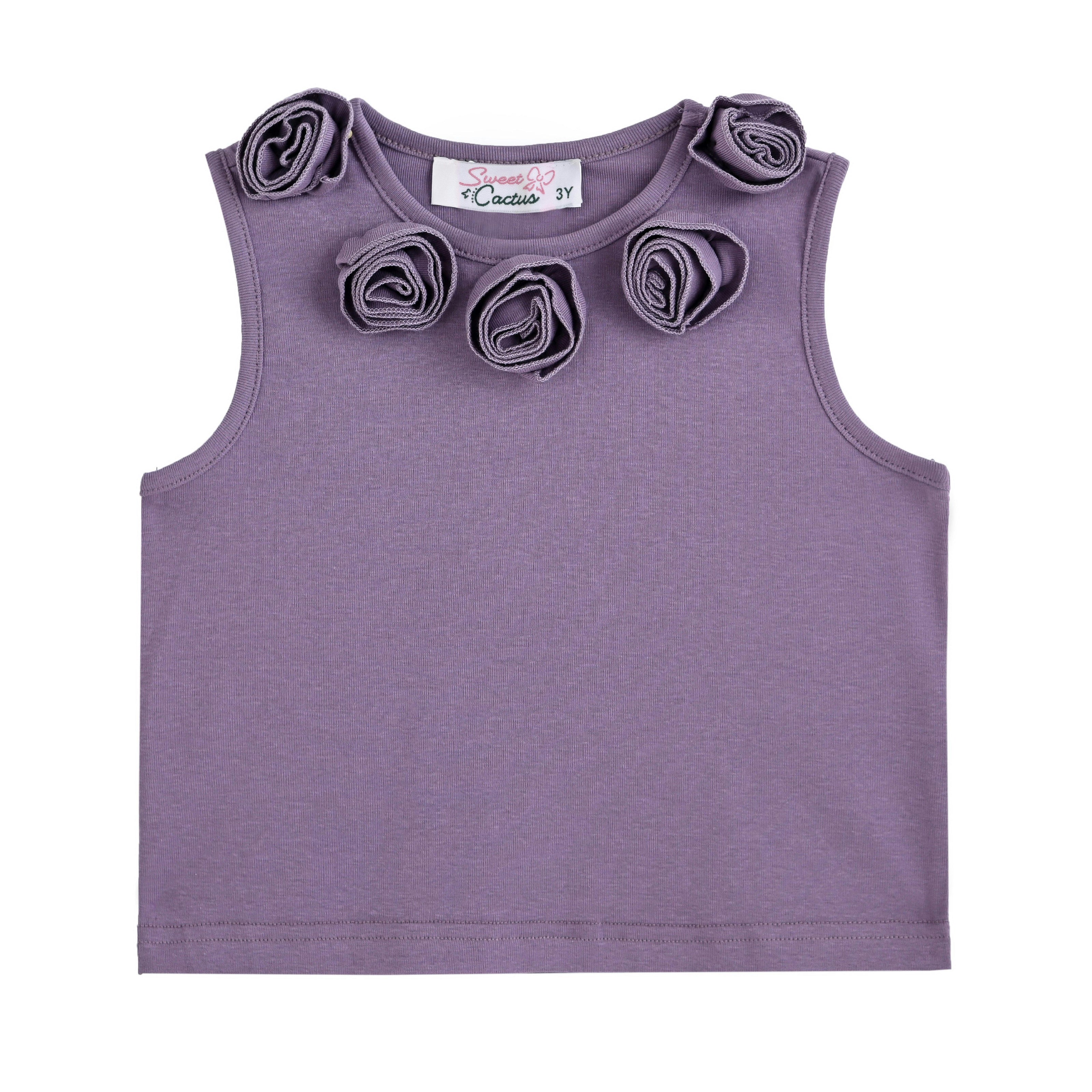 Purple Rosette Top and Lace-Trim Shorts Set