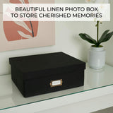 Decorative Photo Storage Box - Sturdy Linen Photo Organizer with Dividers - Stores Up to 850 4x6 Photos - Portable Scrapbook Storage Container with Lid