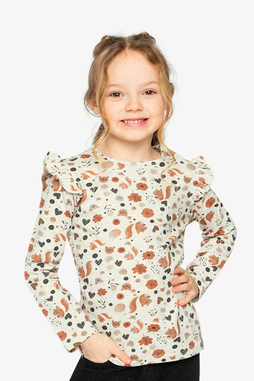 Long Sleeve Organic Cotton T-Shirt Beige With Squirrel Print