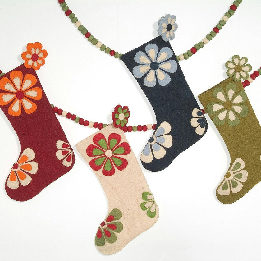 Hand Felted Wool Christmas Stocking - Flower Power Blue Arcadia Home