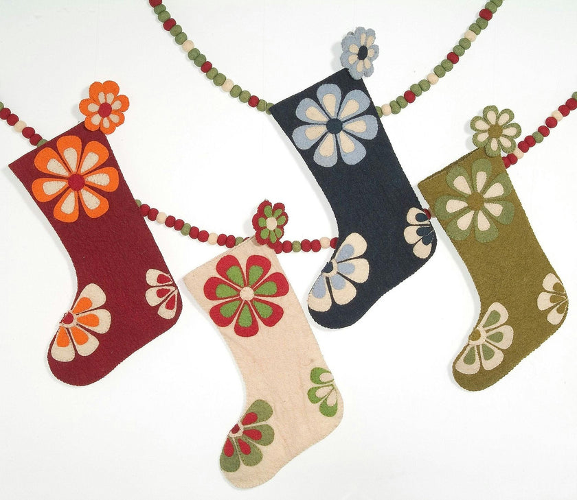 Hand Felted Wool Christmas Stocking - Flower Power Pink and Orange