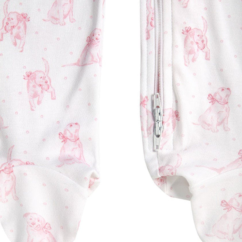 Pink Puppy Love Print Zipper Footie