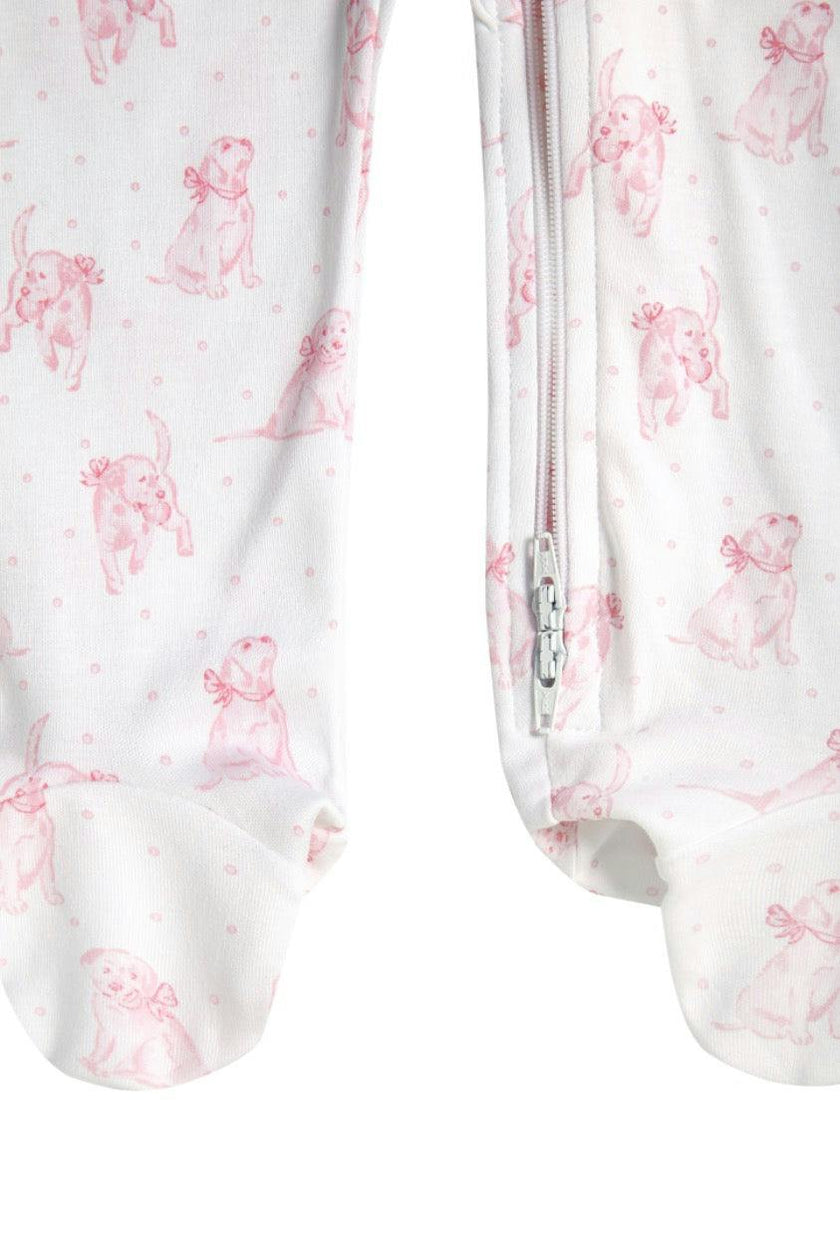 Pink Puppy Love Print Zipper Footie