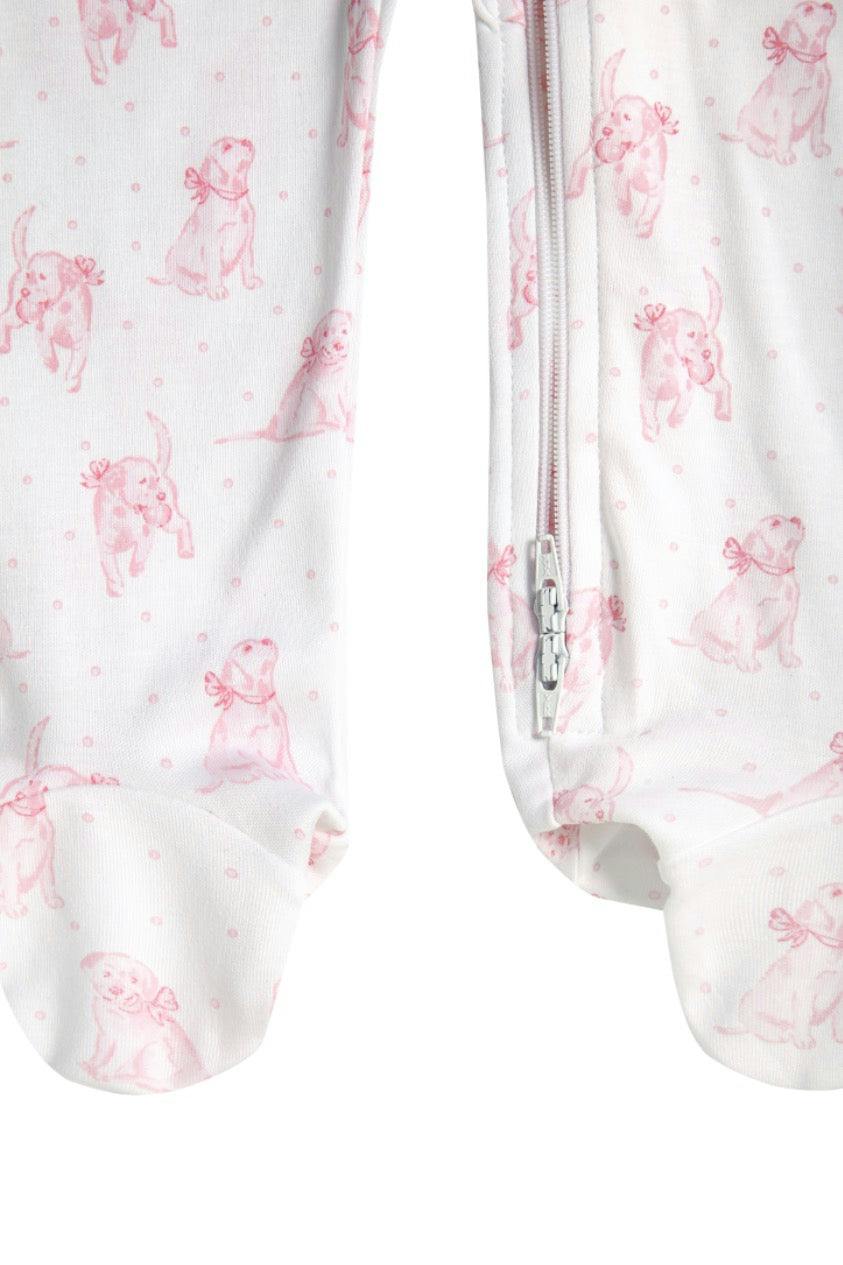 Pink Puppy Love Print Zipper Footie