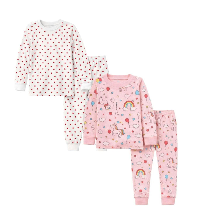 Kids and Toddlers 2 Pack Girls Hearts/Rainbows Long Sleeve Snug Fitted Pajamas