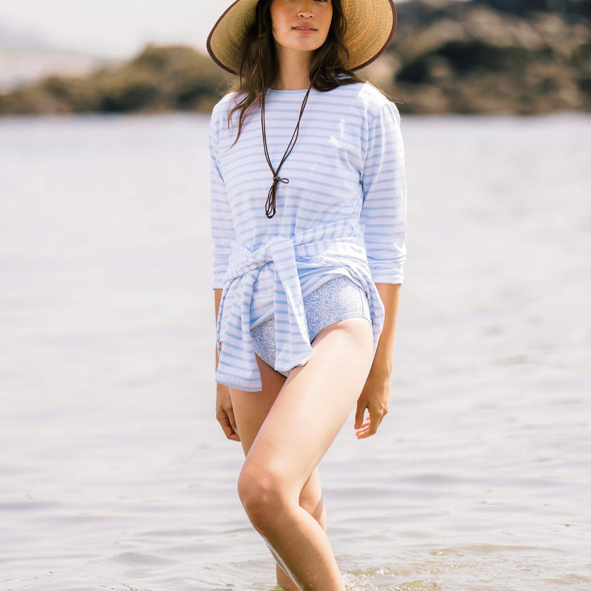 women's powder blue stripe long sleeve tee
