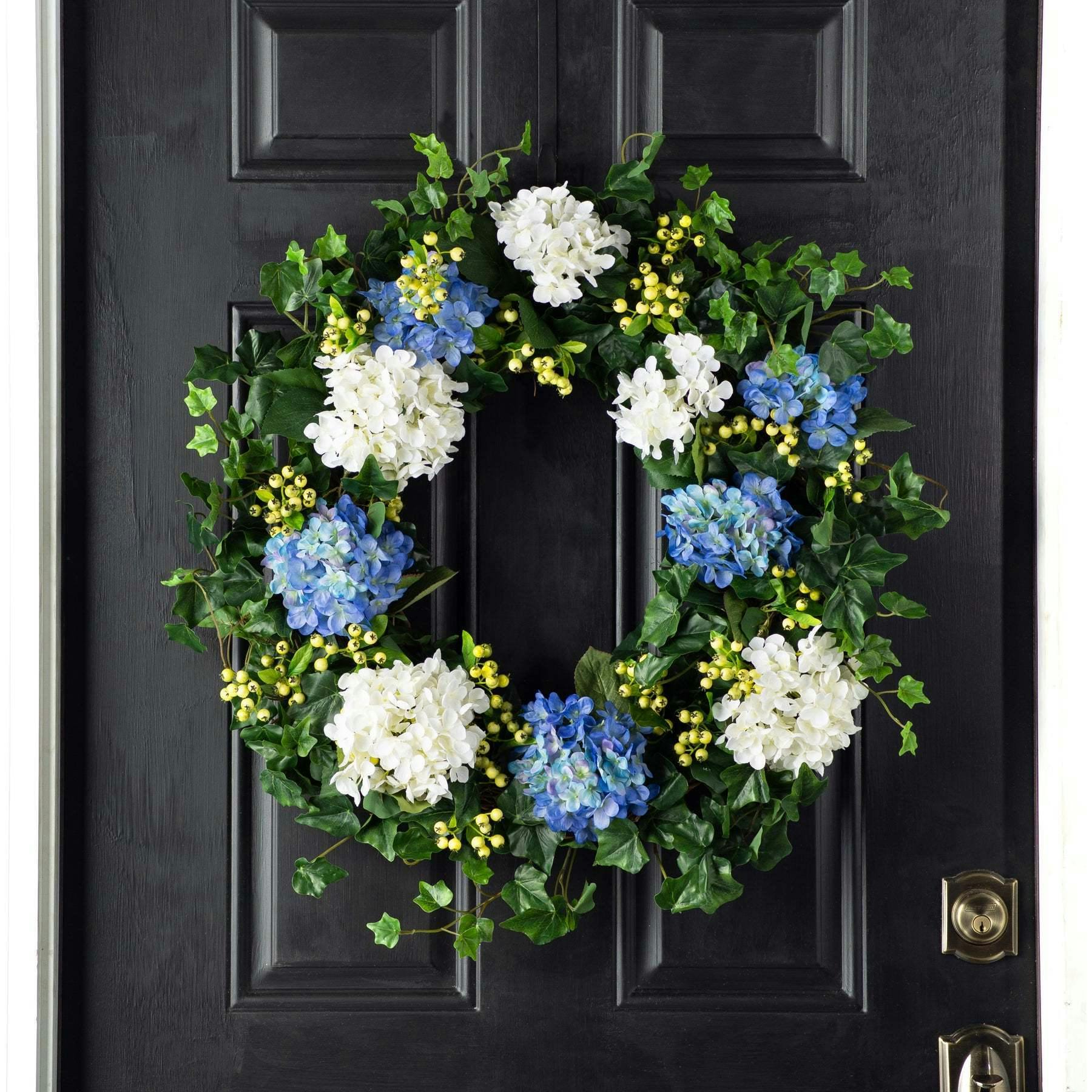 Blue & White Hydrangea, English Ivy & Berry Everyday Spring Front Door Wreath
