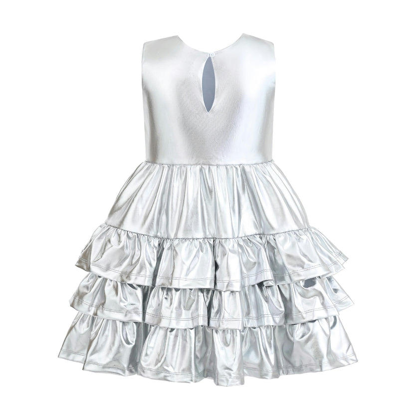 Silver Satin Ruffle Party Dress