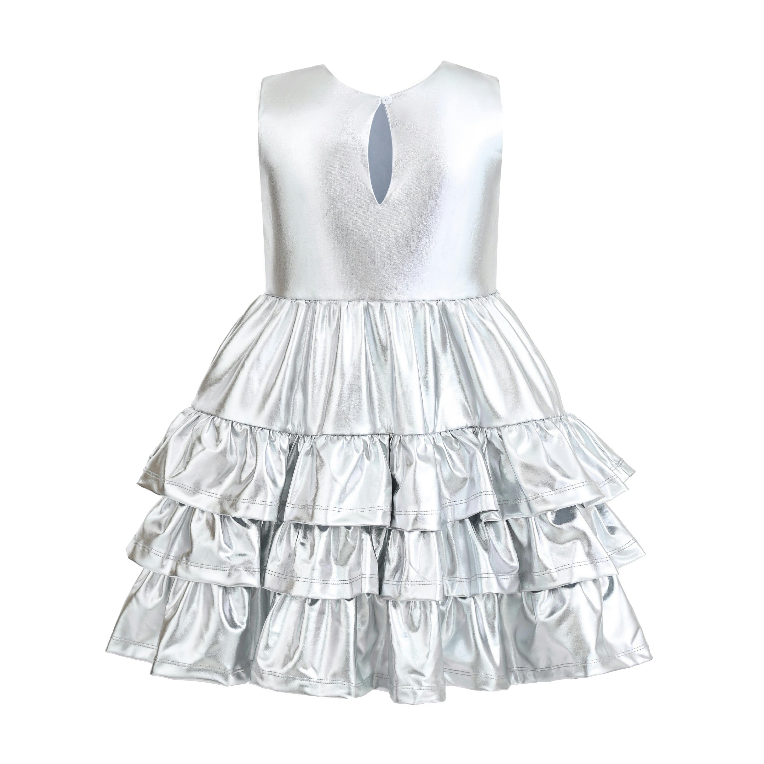 Silver Satin Ruffle Party Dress
