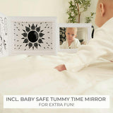 Soft Tummy Time Book w/Large Stimulating Baby Safe Mirror - High Contrast Montessori Toy w/Mirror, Crinkle Filling & Silicone Teether - For Newborn Development
