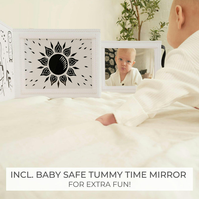 Soft Tummy Time Book w/Large Stimulating Baby Safe Mirror - High Contrast Montessori Toy w/Mirror, Crinkle Filling & Silicone Teether - For Newborn Development