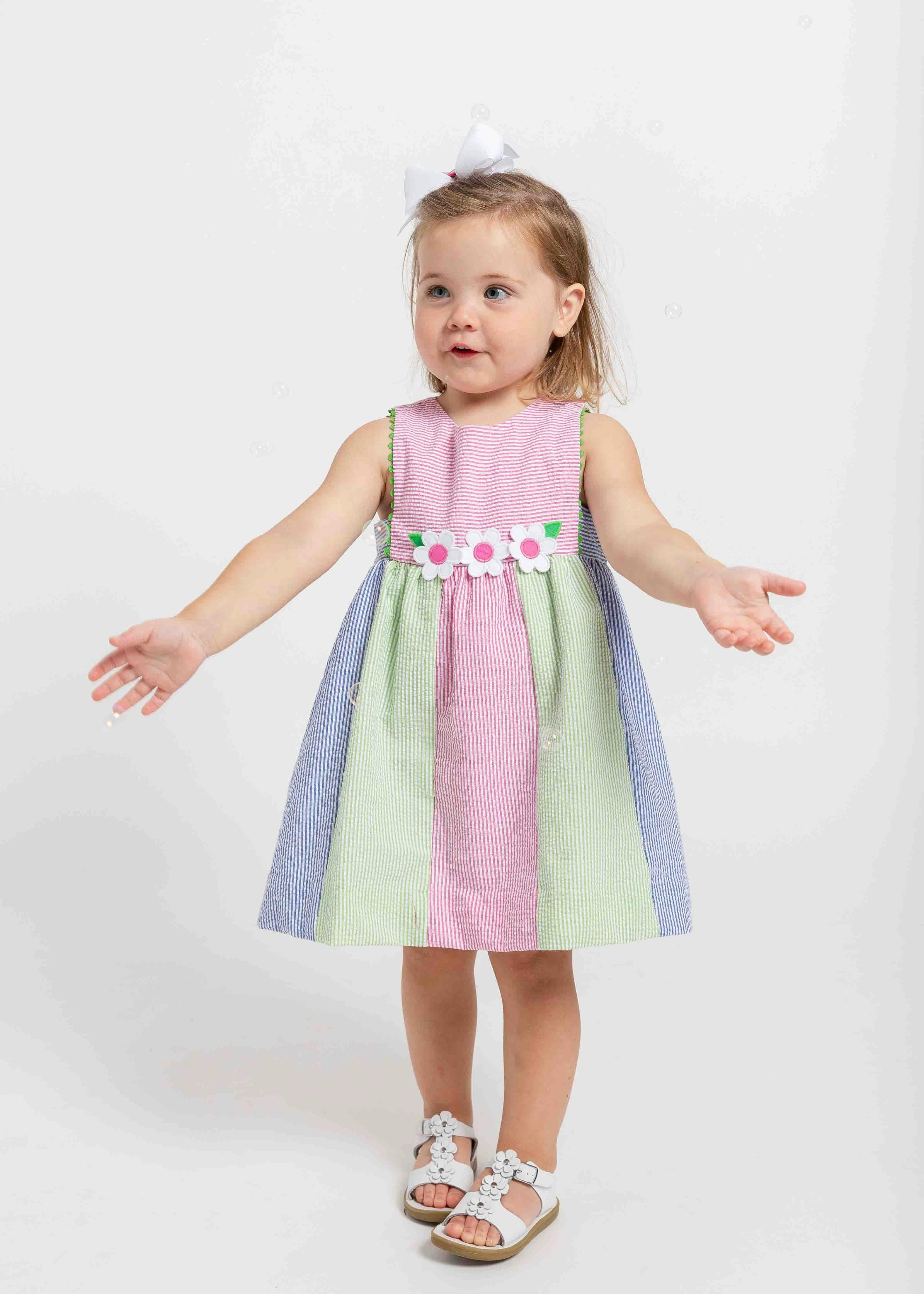 Stripe Seersucker Dress With Flowers