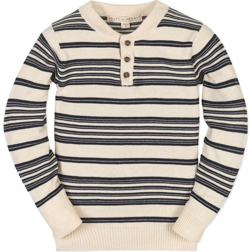 Organic Long Sleeve Henley Pullover Sweater with Elbow Patches, Blue
